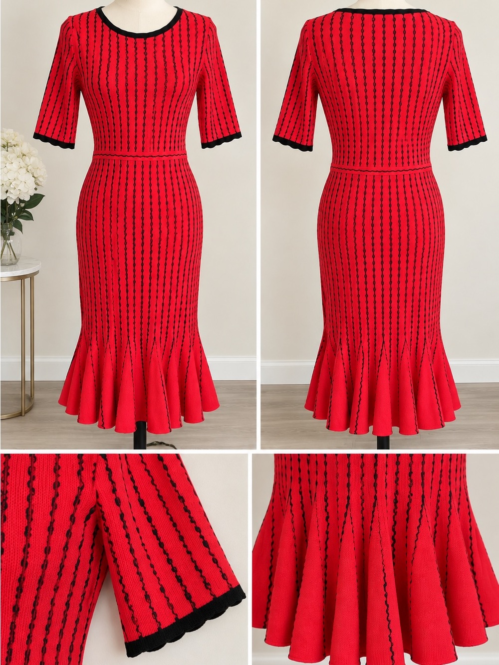 Taylor Red Black Sweater Dress M Knit Wavy Stripe Fit & Flare EUC